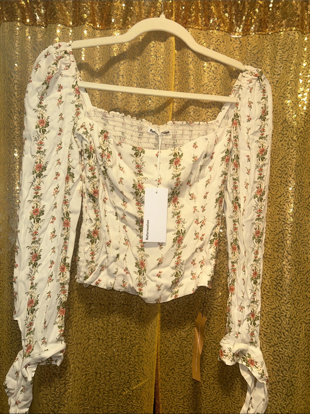 Reformation White Floral Smocked Square-Neck Blouse